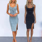 Modern denim dress with a U-neckline and elegant slit 